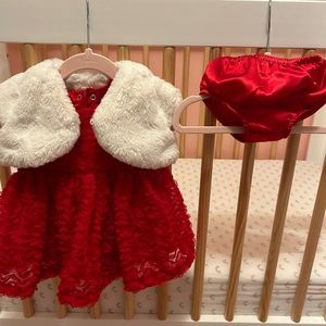 Cat & Jack Special Occasion Red Dress Set with Bolero Style Fuzzy White Vest